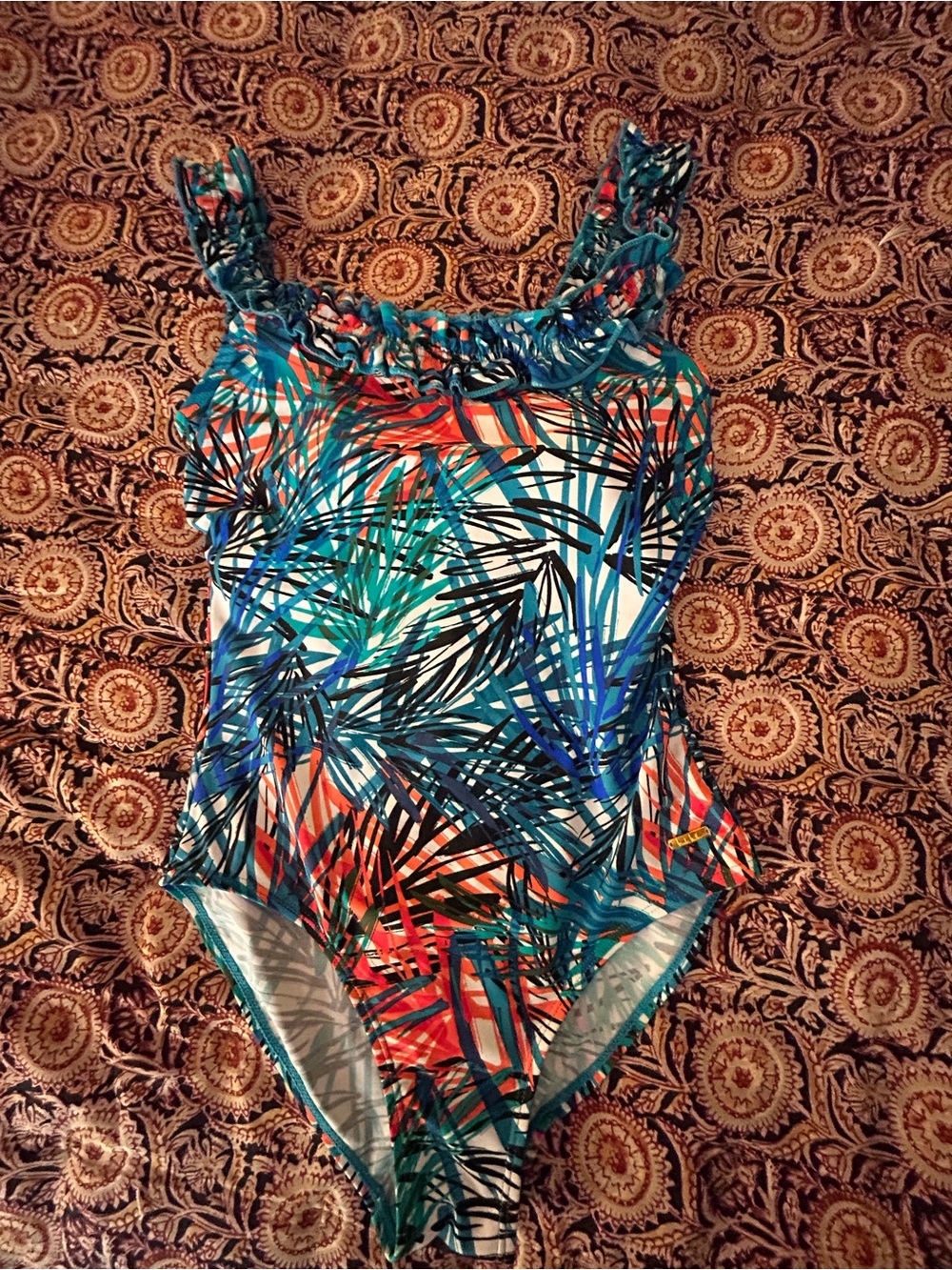 Ladies One-Piece Swim Suit in Multicolor Tropical Print.